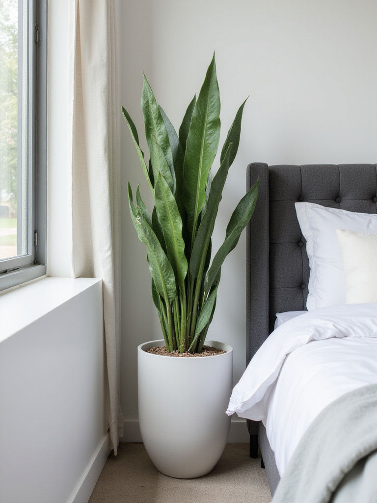 A 'Moonshine' Snake Plant in a sleek white cylindrical ceramic planter, enhancing a modern bedroom's decor, positioned beside a minimalist bed with natural light. The plant adds organic vitality and sophistication to the space.