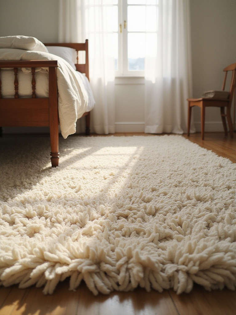 A serene bedroom featuring a luxurious, thick pile wool rug under a bed, illustrating the value of investing in high-quality, durable bedroom rugs for longevity and comfort.