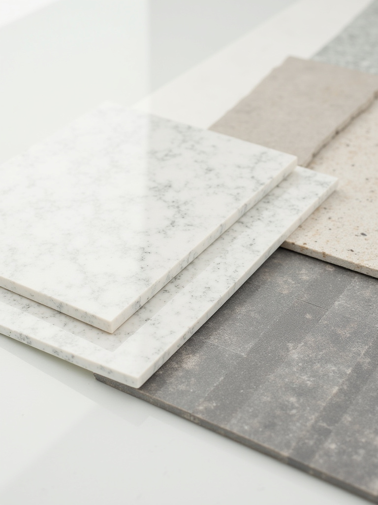 A collection of modern bathroom tiles of different qualities and materials, arranged to symbolize smart budgeting and thoughtful selection for longevity.