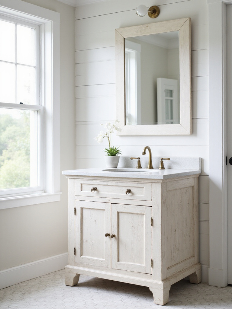 Elegant farmhouse bathroom vanity setup in a bright, timeless space
