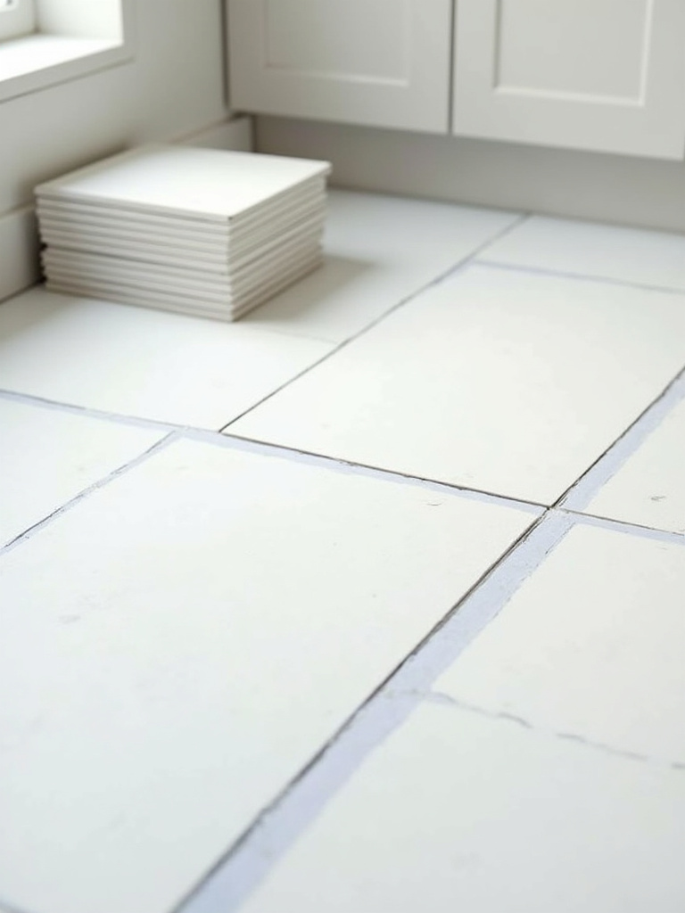 A precisely laid out section of a modern kitchen floor with faint grid lines, next to neatly stacked ceramic tiles, symbolizing careful planning for installation and avoiding waste.