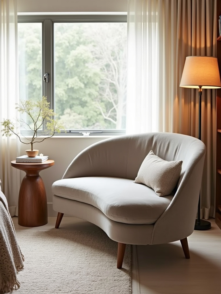 Cozy bedroom seating arrangement with chaise lounge and chair