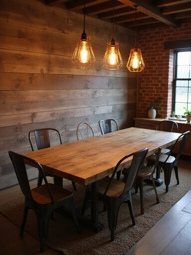 Portrait view of a rustic dining room with warm ambient lighting from industrial or farmhouse fixtures