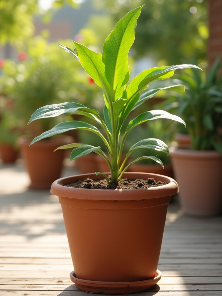 Portrait of a thriving patio plant in a large planter on a sunlit deck
