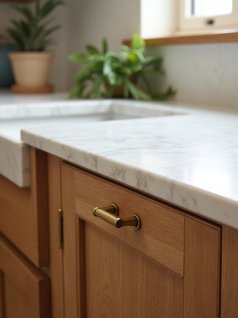 Close-up of a traditional kitchen featuring honed marble countertop, solid oak cabinetry, and an unlacquered brass pull, emphasizing authentic, durable materials.