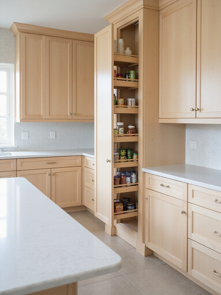 Modern kitchen with light wood shaker cabinets, featuring an open pull-out pantry and ample countertop space, demonstrating maximum storage and sleek style.