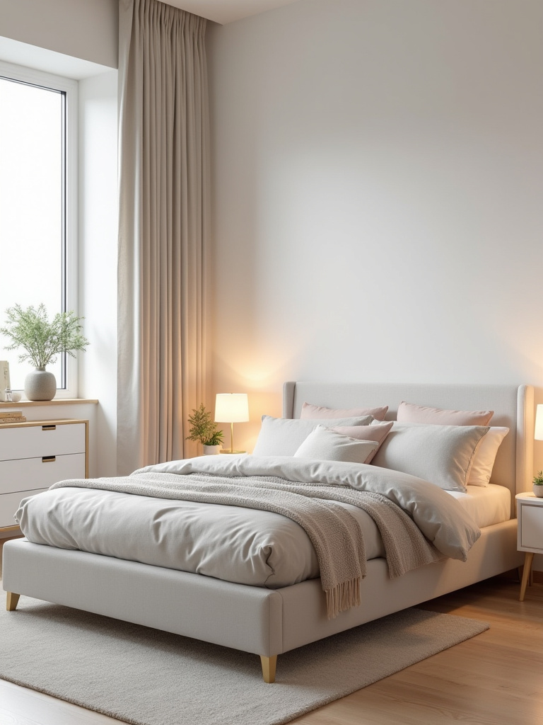 Soft, pastel-toned bedroom with a plush bed, white dresser, and round bedside tables