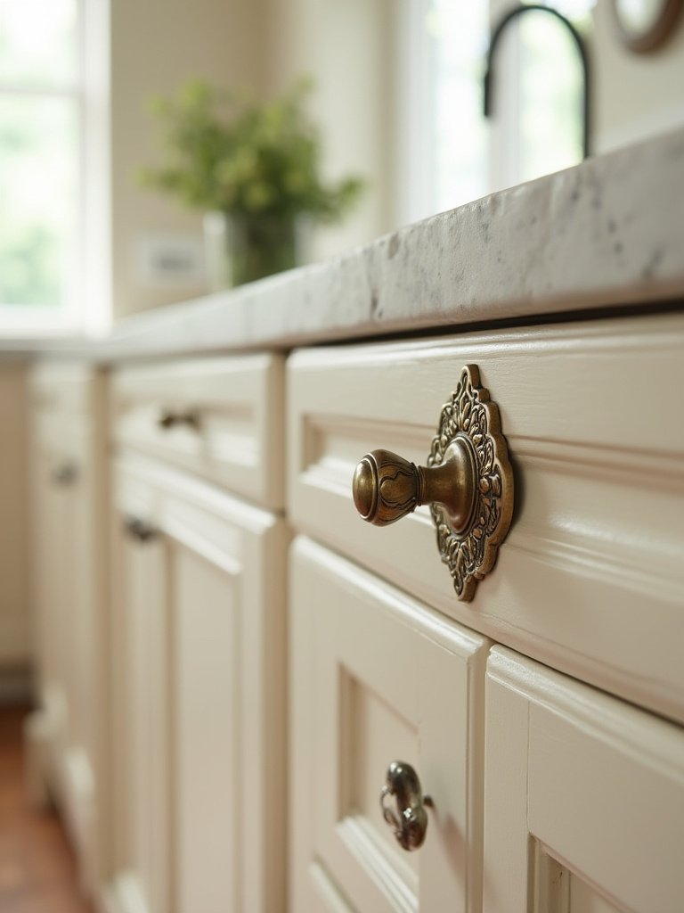 Detailed ornate antique brass bail pull on a cream-colored traditional kitchen cabinet drawer, sparkling in natural light.
