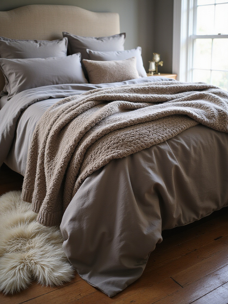 A perfectly layered bed with luxurious sateen sheets, a chunky knit cashmere throw, and a velvet duvet, alongside a faux fur rug, showcasing plush textiles for inviting bedroom softness.