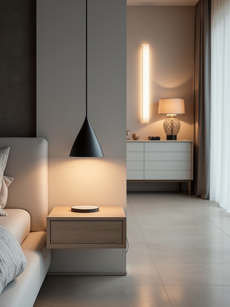 Contemporary bedroom with a black minimalist pendant light above a floating nightstand, a linear wall sconce, and a designer table lamp, exemplifying modern purposeful lighting.