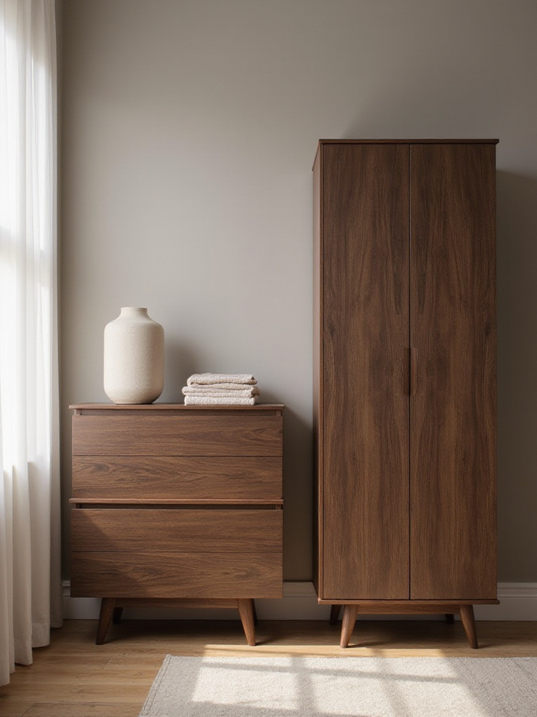 Modern bedroom with dresser and armoire for organized clothing storage