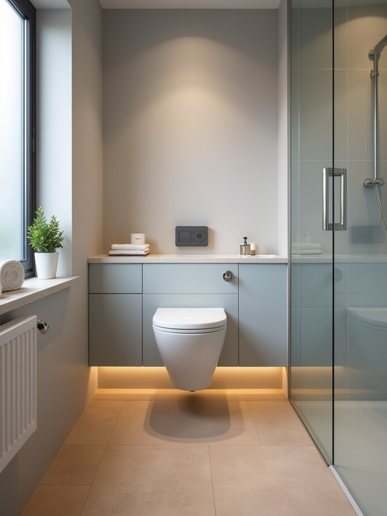 Portrait view of a compact bathroom with a wall-mounted toilet and wall-mounted sink, emphasizing floating fixtures and open floor space.