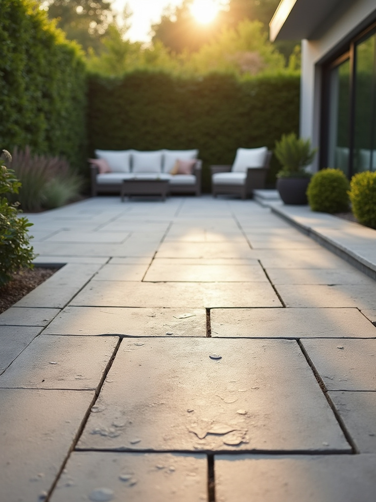 Close-up of modern warm gray porcelain patio pavers under golden sunlight, showcasing durability and visual appeal with lush green plants in the background.