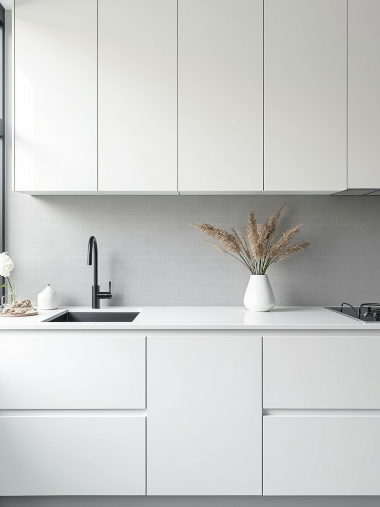Modern kitchen with high-gloss white cabinets and grey geometric patterned tile backsplash, illustrating how backsplash design complements overall kitchen theme.