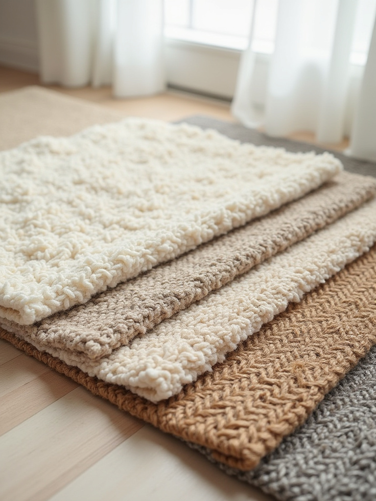 Close-up of various bedroom rug material samples (wool, cotton, jute, synthetic) highlighting different textures and durability for comfort in a bedroom.
