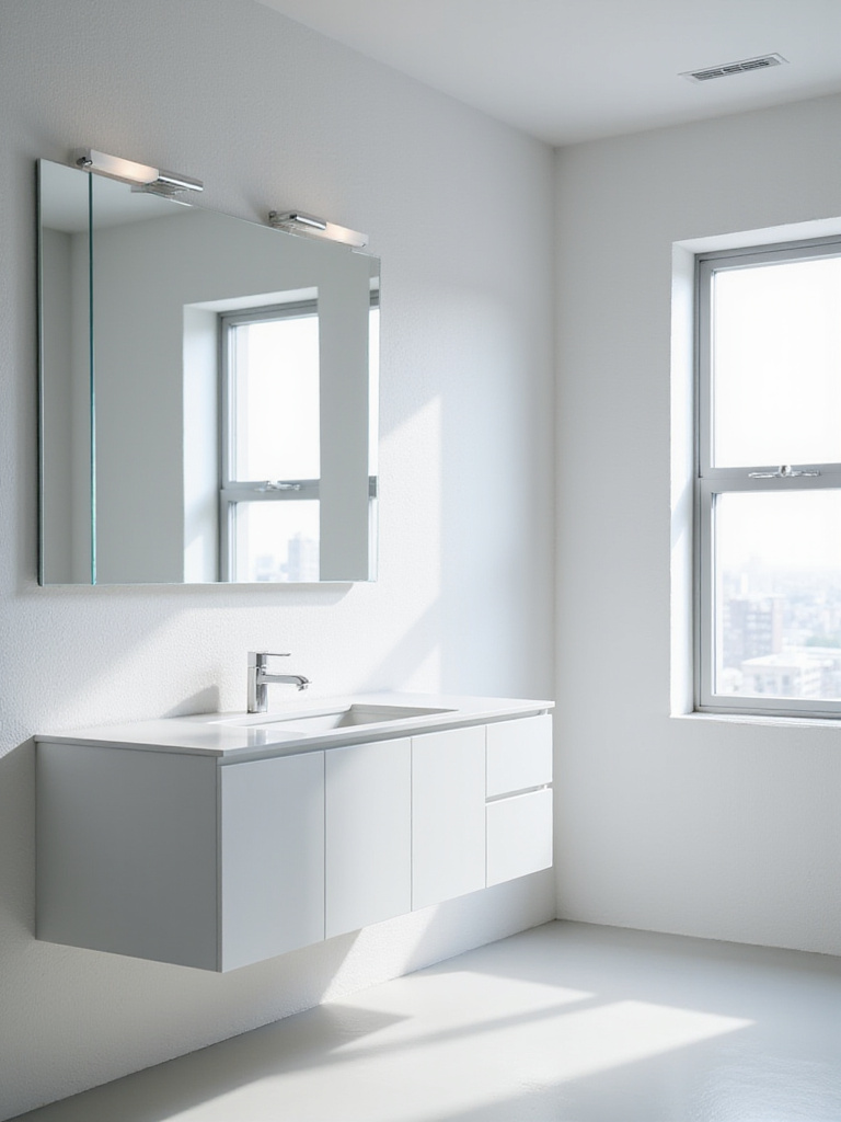 Modern bathroom with a wide, frameless mirror extending across the vanity, creating an illusion of expanded space and reflecting ample natural light.