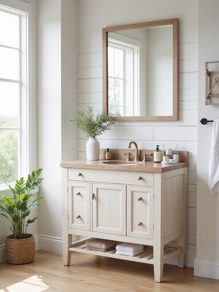 Portrait view of a freestanding farmhouse vanity in a bright, airy bathroom
