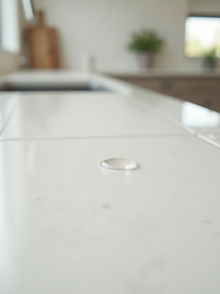 Close-up of a modern kitchen countertop made of sleek white porcelain tiles with water beading on the surface, emphasizing stain and water resistance.