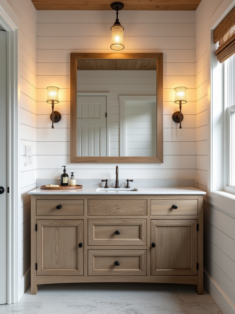 Portrait view of farmhouse bathroom vanity lighting above mirror with warm glow