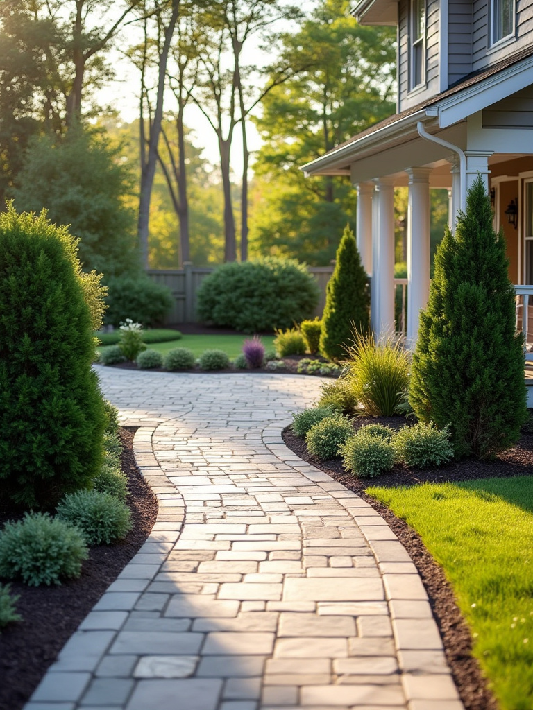 Pristine front yard hardscape with clean patio and tidy walkways