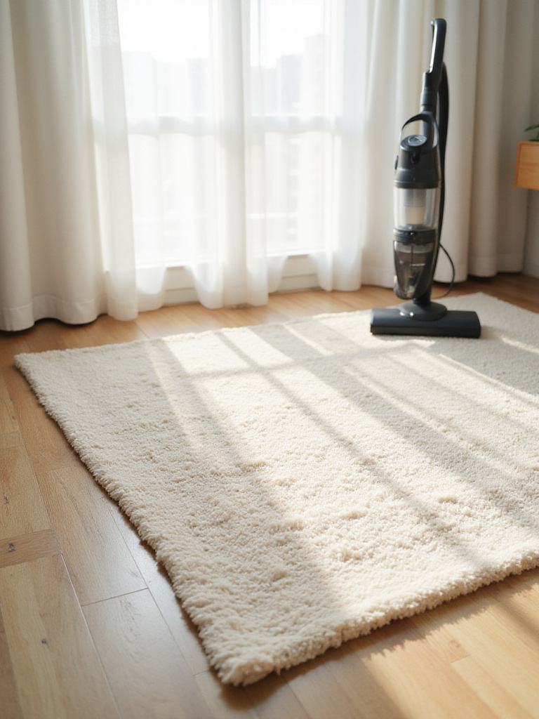 A clean, pristine neutral-toned bedroom rug with a modern vacuum cleaner hinting at a regular Bedroom Rug Cleaning Schedule.