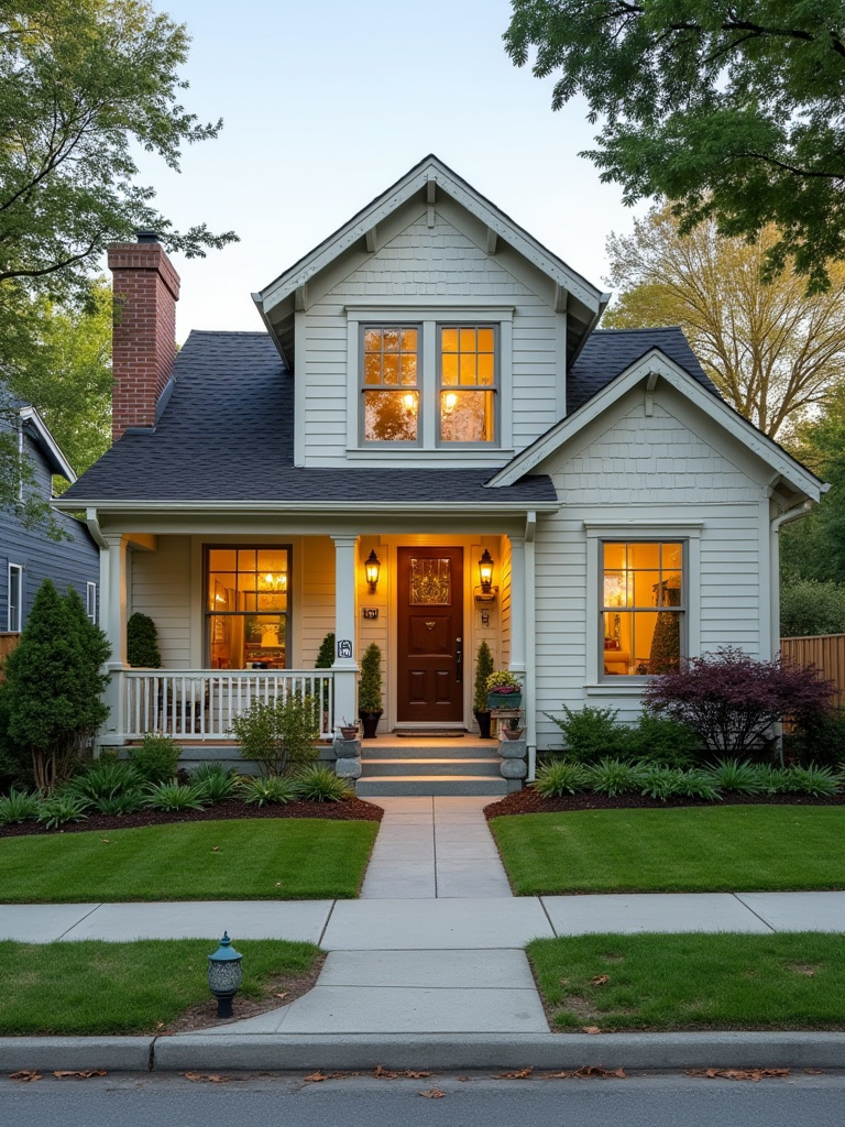 Portrait of a front yard and house facade viewed from the curb with defined planting beds and updated entry.