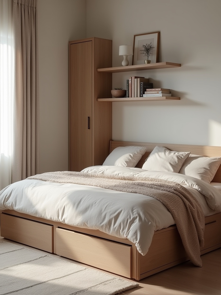 Cozy bedroom with integrated wooden under-bed storage drawers, floating shelves, and a discreet wall-mounted cabinet, showcasing clever storage solutions for clutter-free living.
