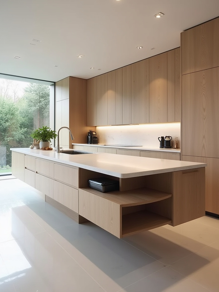 Portrait view of a modern kitchen with a custom floating island and integrated storage