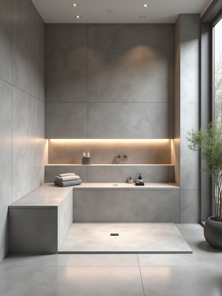 Modern shower featuring integrated horizontal niche and L-shaped bench seating, all tiled seamlessly with large-format grey porcelain tiles, enhancing a spa-like bathroom design.