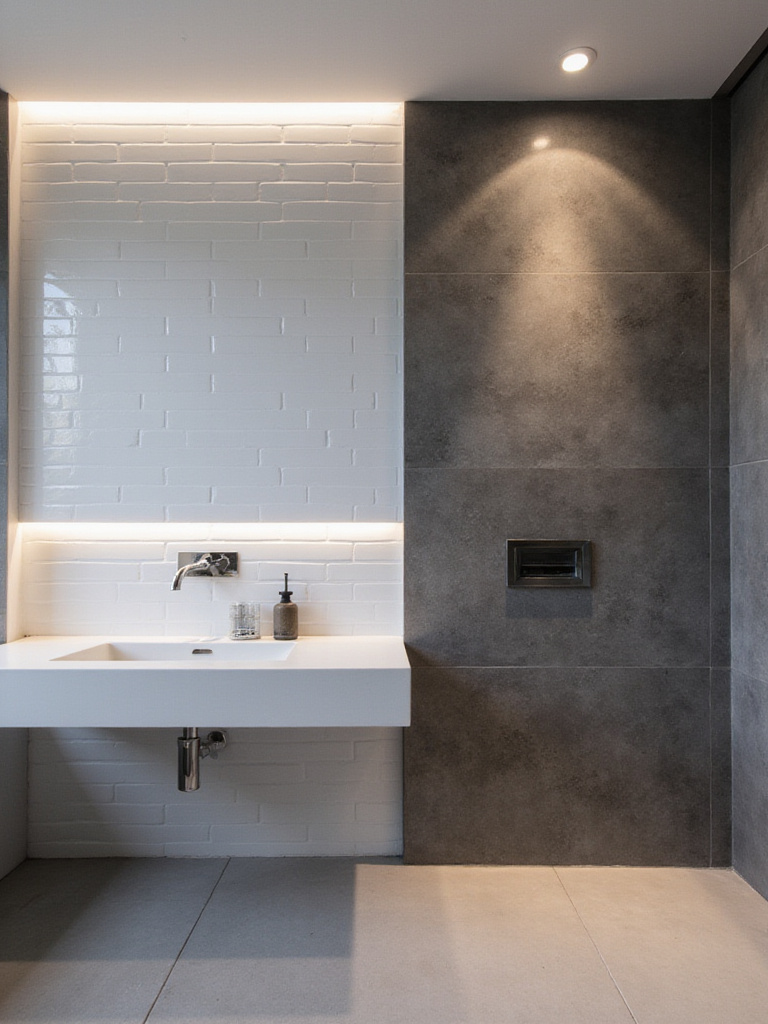 Modern bathroom displaying a wall with both glossy and matte tiles, illustrating the varied impact of strategic lighting on their finish and reflectivity.