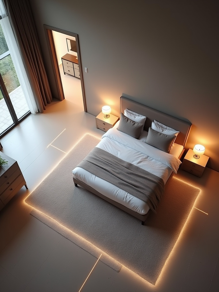 Bedroom with existing furniture layout (bed, nightstands, dresser) and implied traffic patterns, showing where a large area rug could be placed for optimal flow.