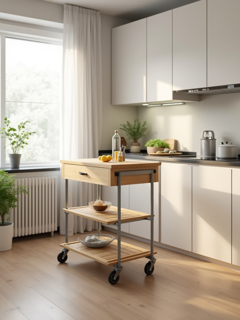 Portrait of a modern kitchen with a rolling cart portable island.