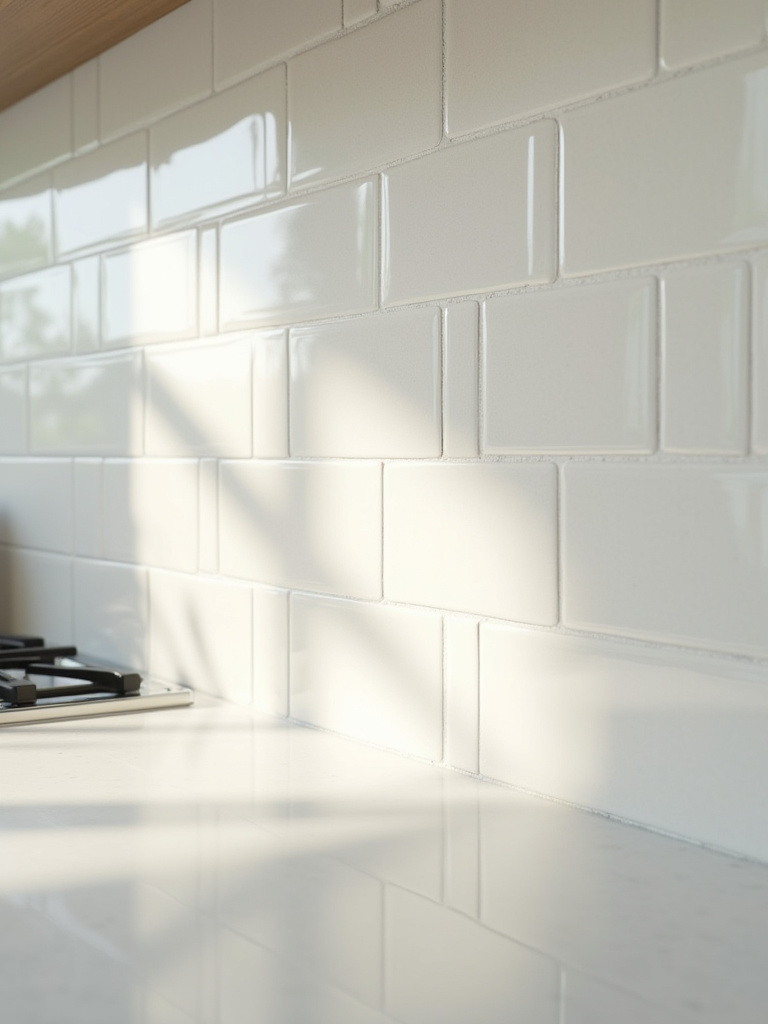 Kitchen backsplash featuring contrasting glossy white subway tiles and matte off-white ceramic tiles, demonstrating different light reflections.