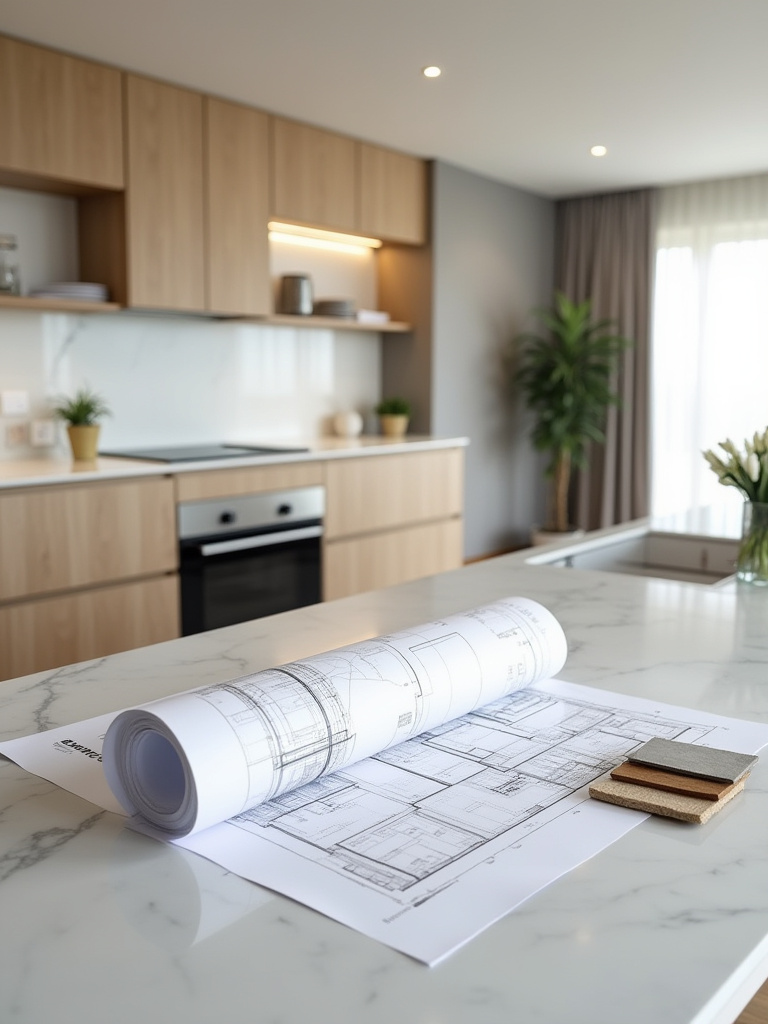Modern kitchen interior with architectural floor plans and material samples on a large island, symbolizing professional kitchen design consultation.