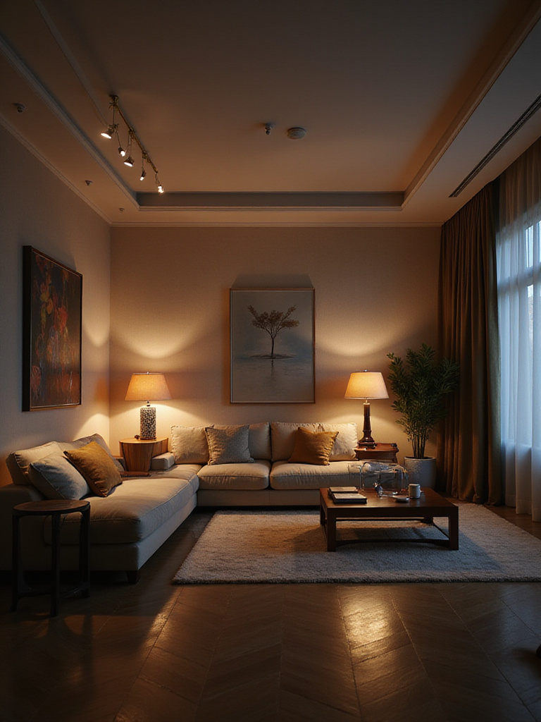 Living room with smart lighting showing warm and cool color temperatures, fine-tuning room mood