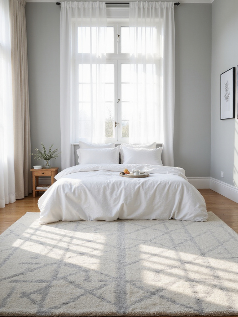 Bedroom rug in pale gray and cream coordinating perfectly with light gray walls and white bedding for a harmonious interior.