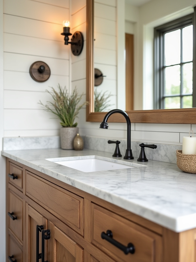 Portrait close-up of coordinated farmhouse faucet finishes on a wood vanity with marble countertop.