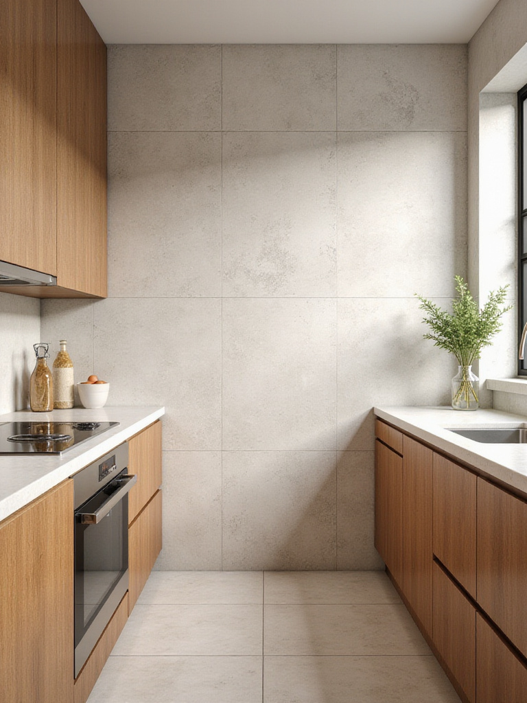 A beautifully coordinated kitchen featuring a light-toned backsplash tile, sleek quartz countertops, and warm wood cabinetry, illustrating perfect harmony in design.