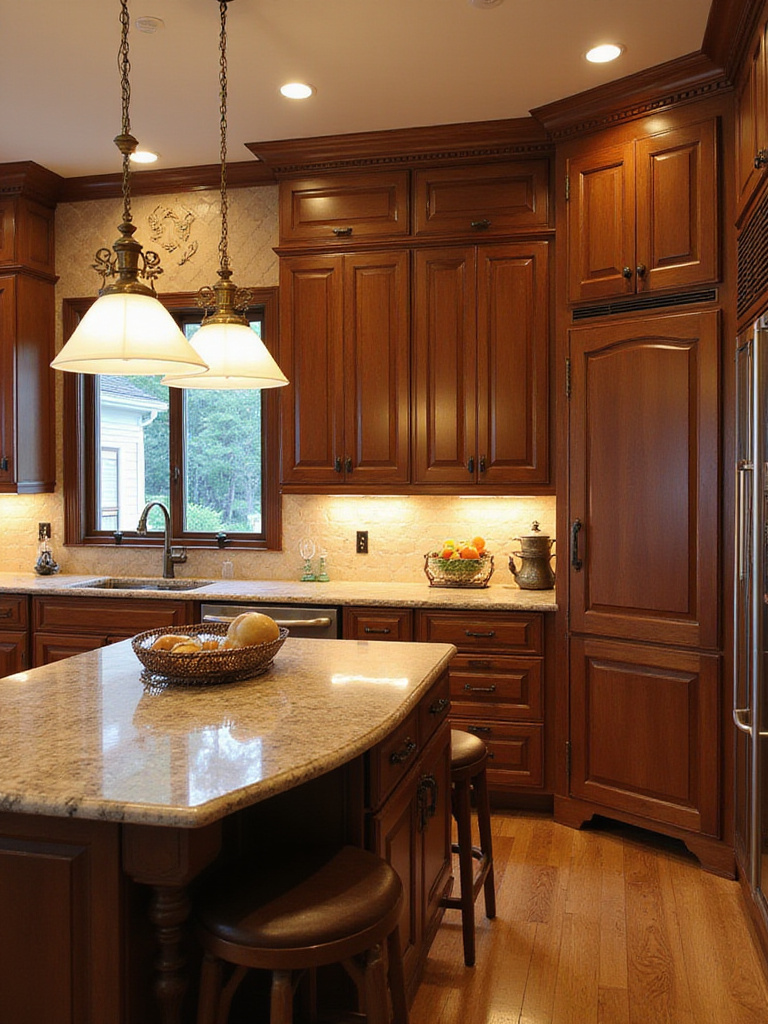 Traditional kitchen with a layered lighting scheme featuring an antique brass chandelier, polished nickel pendants over the island, and bronze wall sconces, illuminating rich wooden cabinetry and marble countertops.