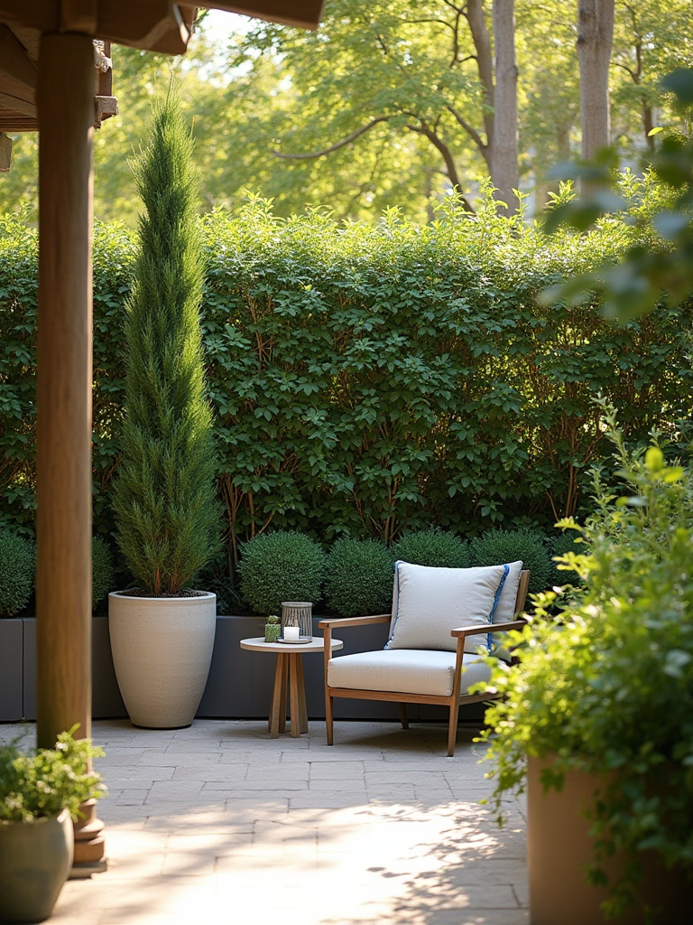 Patio with layered tall, medium, and low plants creating depth