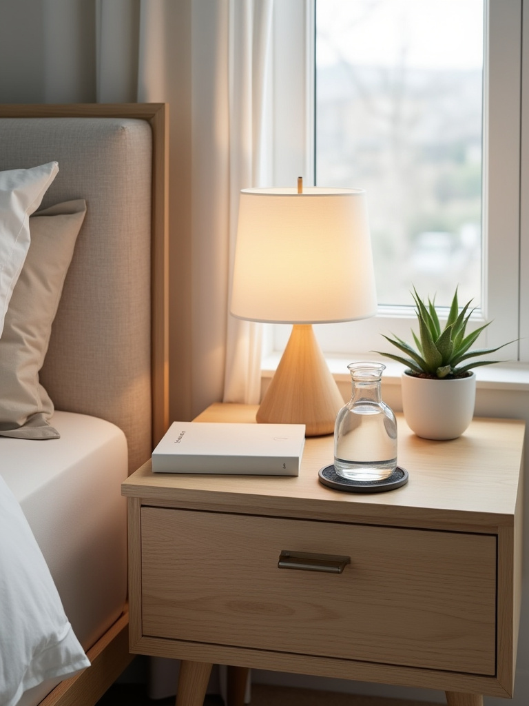A perfectly organized modern bedside table with a lamp, book, and plant, representing a clutter-free zone in a contemporary bedroom.
