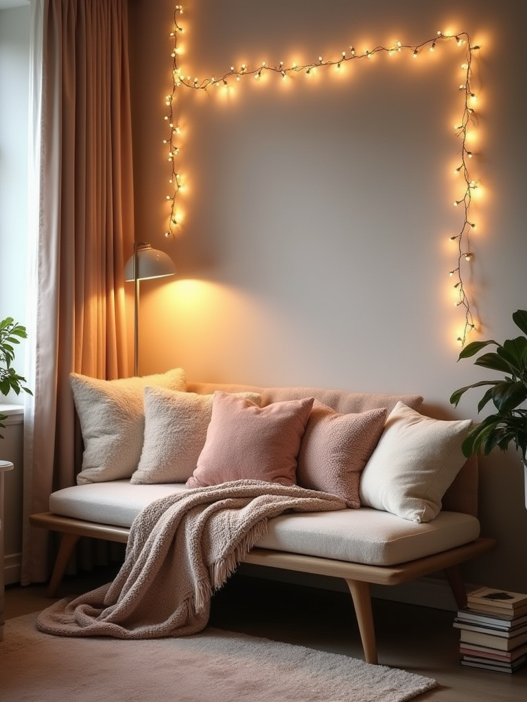 Cozy bedroom reading nook with cushions and blankets