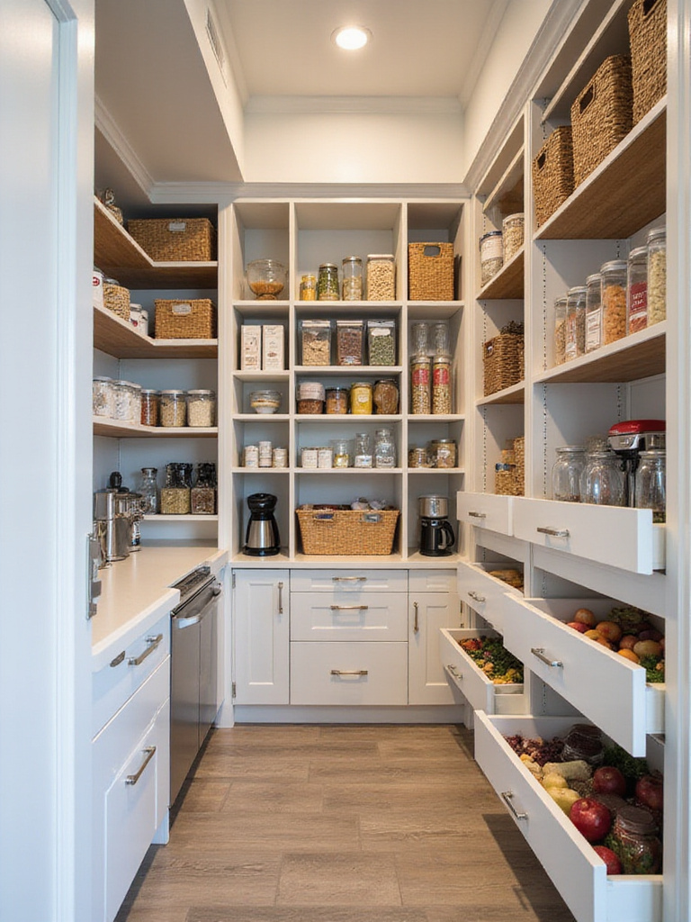 A well-organized modern walk-in kitchen pantry with floor-to-ceiling shelves, clear containers, and designated zones for appliances, showcasing a 'Kitchen Pantry Remodel'.