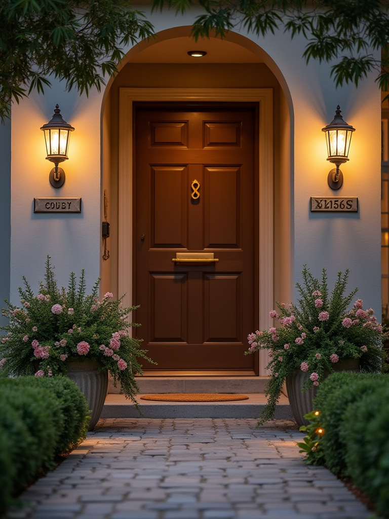 Portrait of a welcoming entryway focal point in a front yard with symmetrical planters and warm lighting.