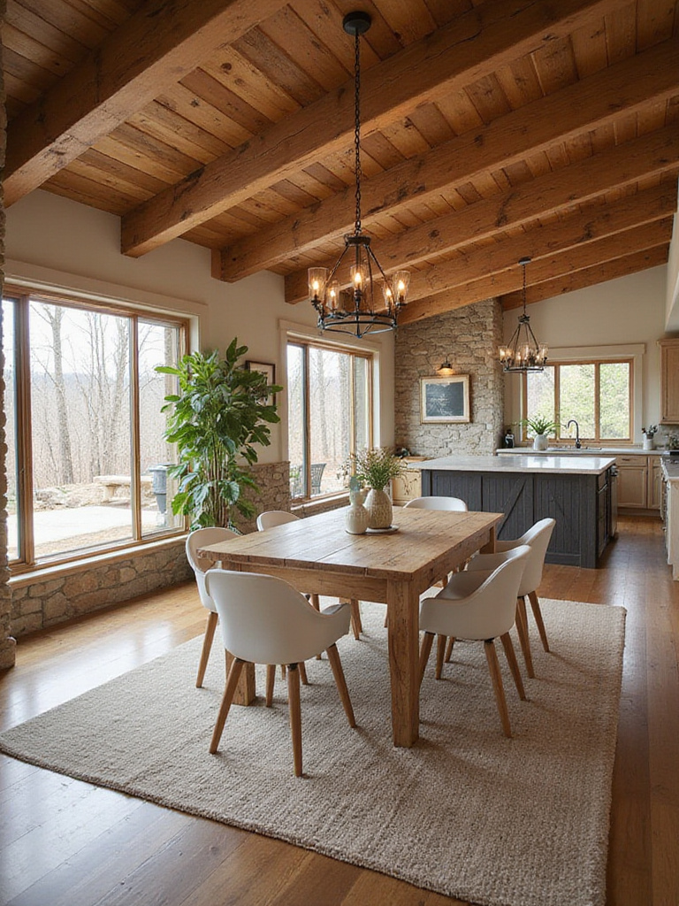 Rustic dining room with open floor plan flow, portrait orientation