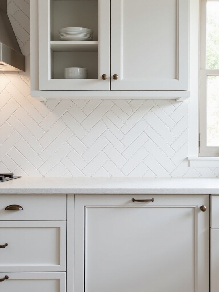 Elegant kitchen with a full wall white herringbone ceramic tile backsplash, showcasing intricate pattern and texture.