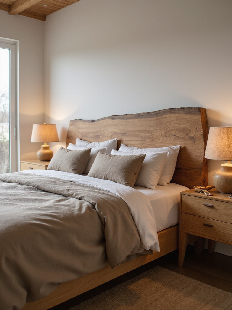 A cozy bedroom with a prominent natural wood headboard and oak nightstands, showcasing an earthy, serene atmosphere with soft lighting and natural textures.