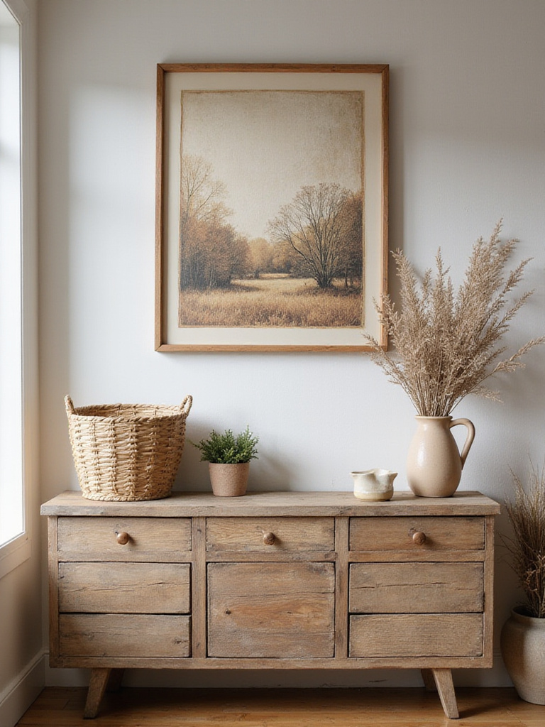 Portrait of rustic wall art in a warm dining room with natural textures