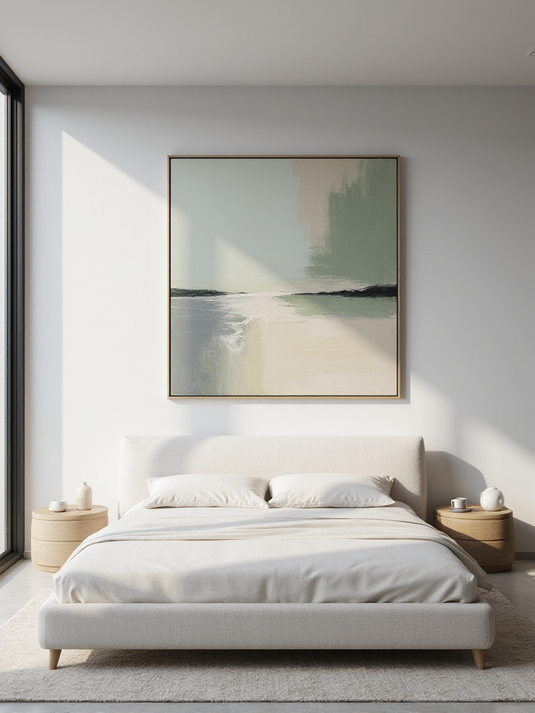 A modern bedroom showcasing a single, large abstract landscape artwork above the bed, embodying a minimalist and thoughtful decor approach.