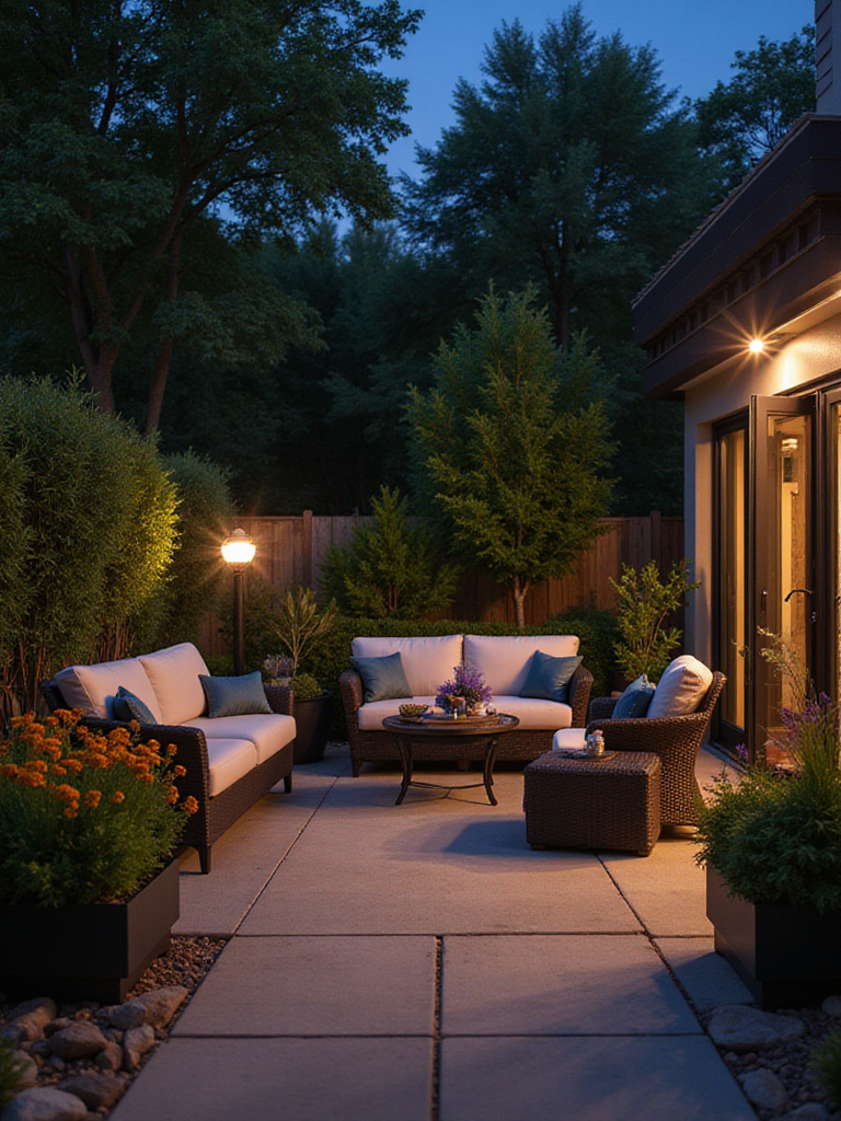 An inviting, pristine patio at dusk, illuminated by warm lighting, surrounded by pest-repelling plants and featuring an outdoor fan, signifying effective pest management.
